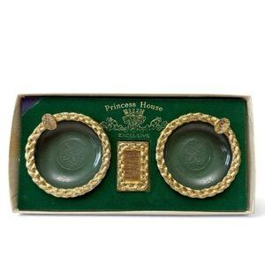VTG Princess House Fluer Di Lis Gold Metal Glass Ashtrays & Matchbox Cover Set